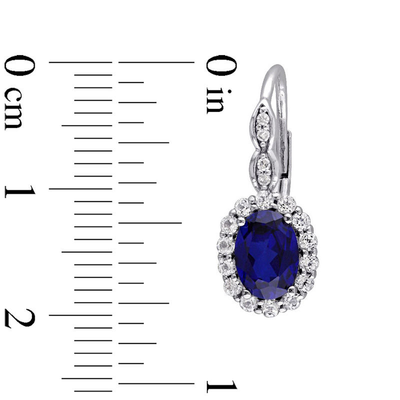 Main Image 3 of Oval Lab-Created Blue Sapphire, White Topaz and Diamond Accent Frame Drop Earrings in 14K White Gold