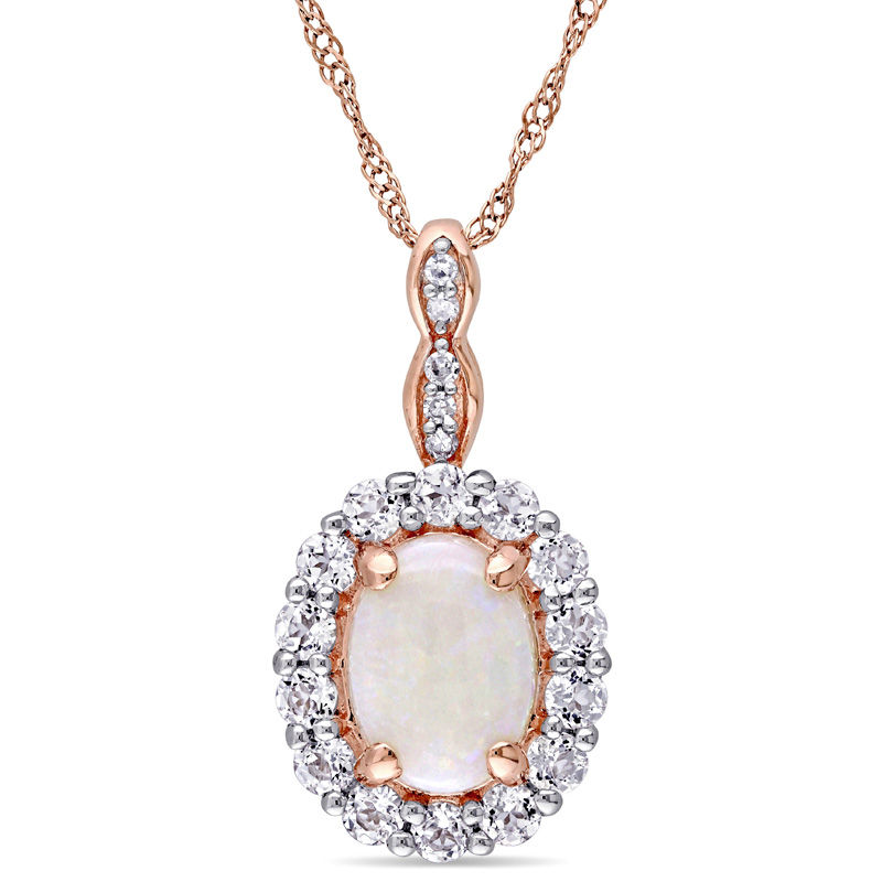 Oval Opal, White Topaz and Diamond Accent Frame Pendant in 14K Rose Gold – 17"