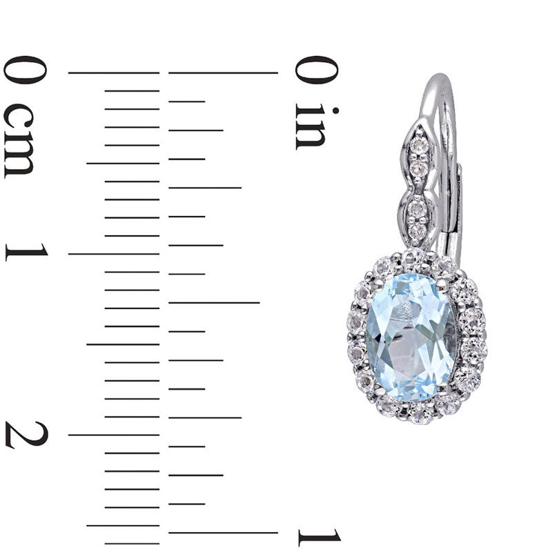 Main Image 3 of Oval Sky Blue and White Topaz and Diamond Accent Frame Drop Earrings in 14K White Gold