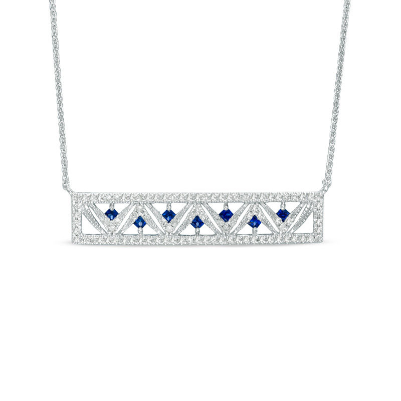 Main Image 1 of Vera Wang Love Collection Princess-Cut Blue Sapphire and 0.23 CT. T.W. Diamond Bar Necklace in 14K White Gold - 19"