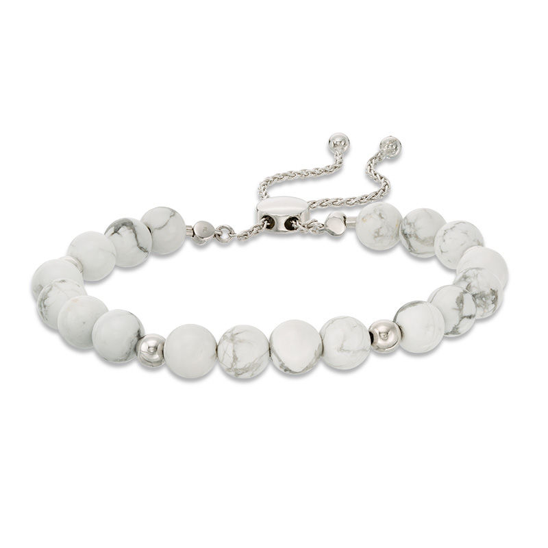 8.0mm Howlite and Polished Bead Bolo Bracelet in Sterling Silver - 9.0"