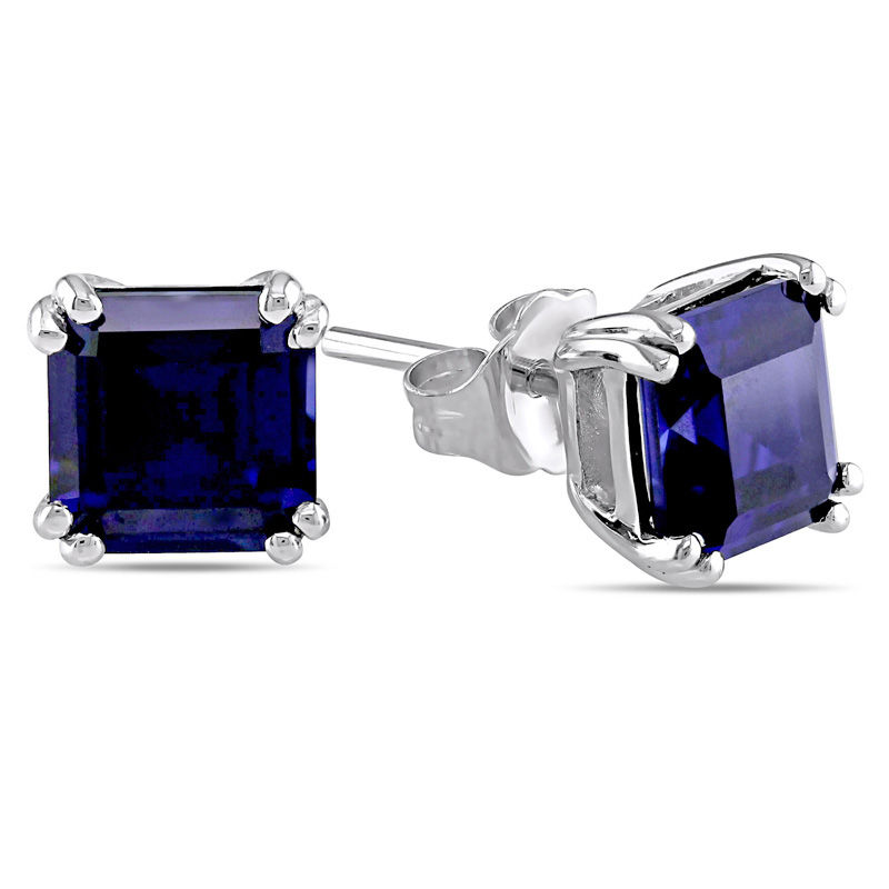 6.0mm Emerald-Cut Lab-Created Blue Sapphire Stud Earrings in 10K White Gold