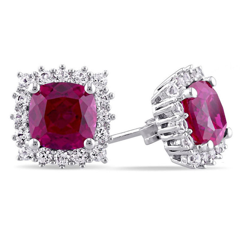 7.0mm Cushion-Cut Lab-Created Ruby and White Sapphire Frame Stud Earrings in Sterling Silver|Peoples Jewellers