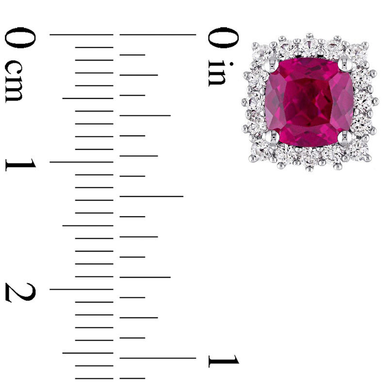 7.0mm Cushion-Cut Lab-Created Ruby and White Sapphire Frame Stud Earrings in Sterling Silver