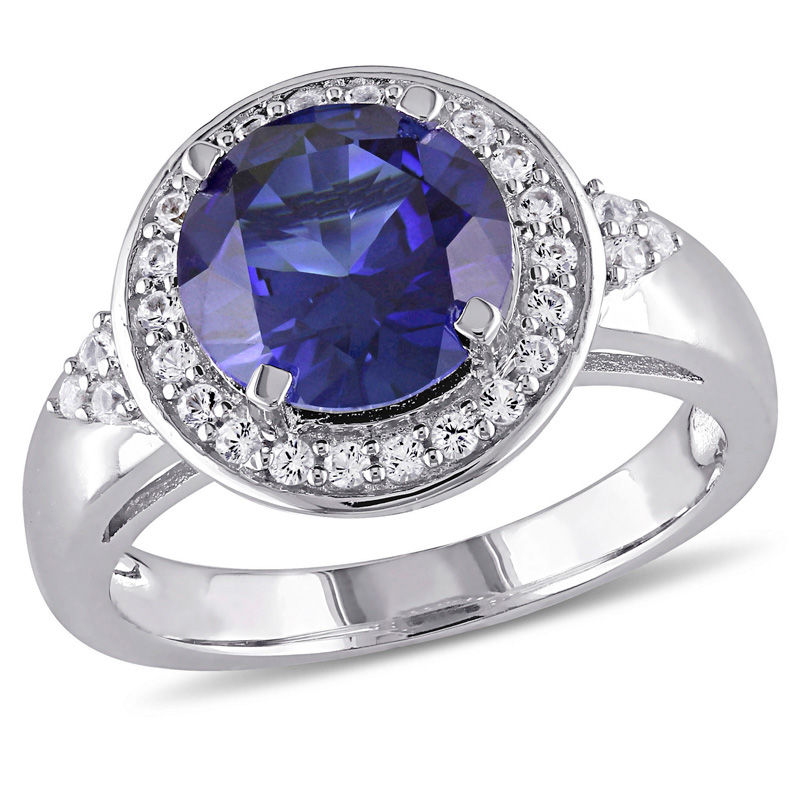 9.0mm Lab-Created Blue and White Sapphire Frame Tri-Sides Ring in Sterling Silver
