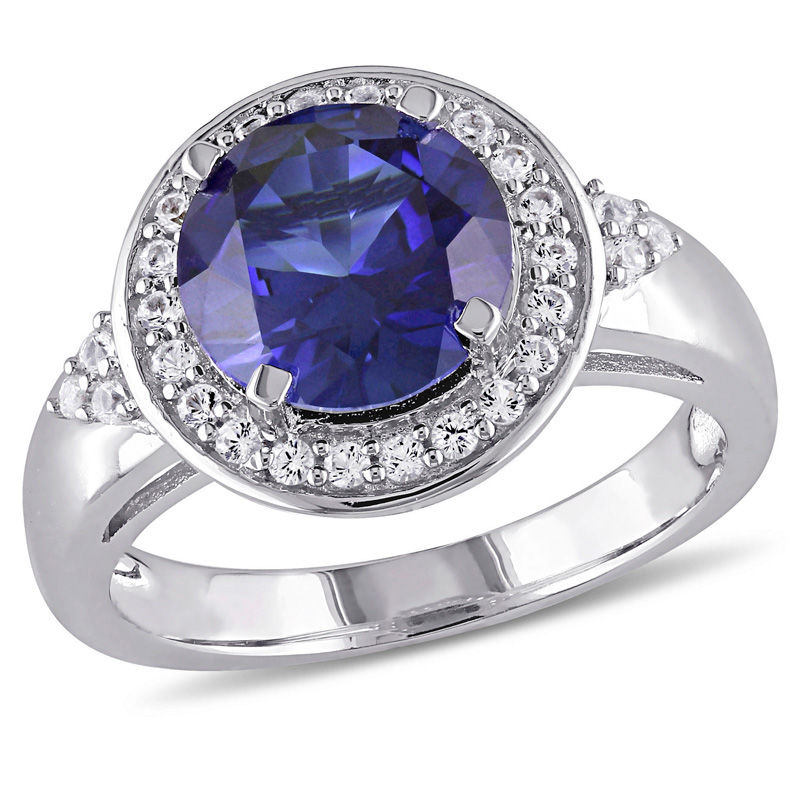 9.0mm Lab-Created Blue and White Sapphire Frame Tri-Sides Ring in Sterling Silver|Peoples Jewellers