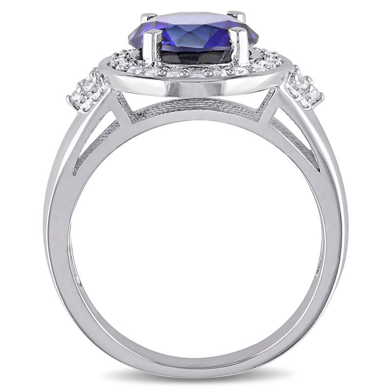 9.0mm Lab-Created Blue and White Sapphire Frame Tri-Sides Ring in Sterling Silver