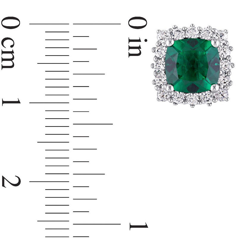 Main Image 3 of 7.0mm Cushion-Cut Lab-Created Emerald and White Sapphire Frame Stud Earrings in Sterling Silver
