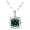 8.0mm Cushion-Cut Lab-Created Emerald, White Sapphire and Diamond Accent Frame Pendant in Sterling Silver