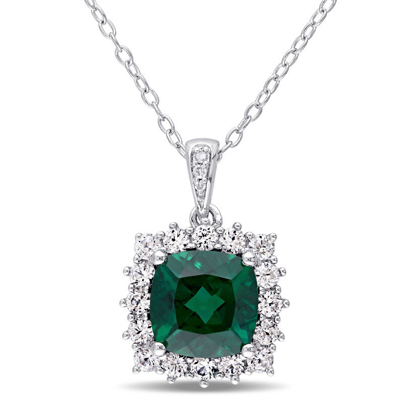 8.0mm Cushion-Cut Lab-Created Emerald, White Sapphire and Diamond Accent Frame Pendant in Sterling Silver
