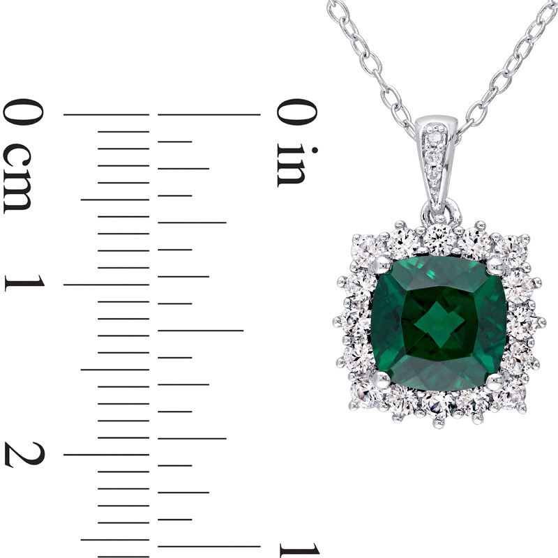 8.0mm Cushion-Cut Lab-Created Emerald, White Sapphire and Diamond Accent Frame Pendant in Sterling Silver