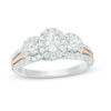 Thumbnail Image 1 of 0.95 CT. T.W. Certified Oval Diamond Past Present Future® Frame Engagement Ring in 14K Two-Tone Gold (I/SI2)