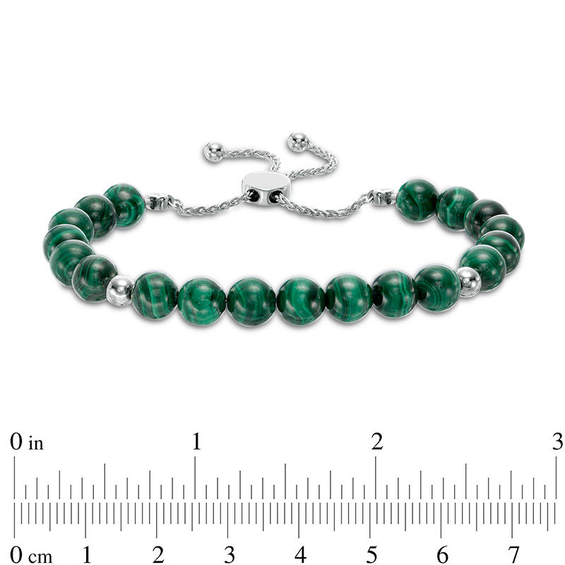 8.0mm Malachite and Polished Bead Bolo Bracelet in Sterling Silver - 9.0"|Peoples Jewellers