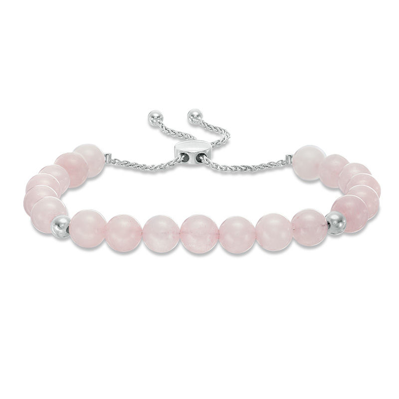 Main Image 1 of 8.0mm Rose Quartz and Polished Bead Bolo Bracelet in Sterling Silver - 9.0"