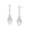 Thumbnail Image 0 of 8.0-9.0mm Cultured Freshwater Pearl and Lab-Created White Sapphire Beaded Art Deco Drop Earrings in Sterling Silver