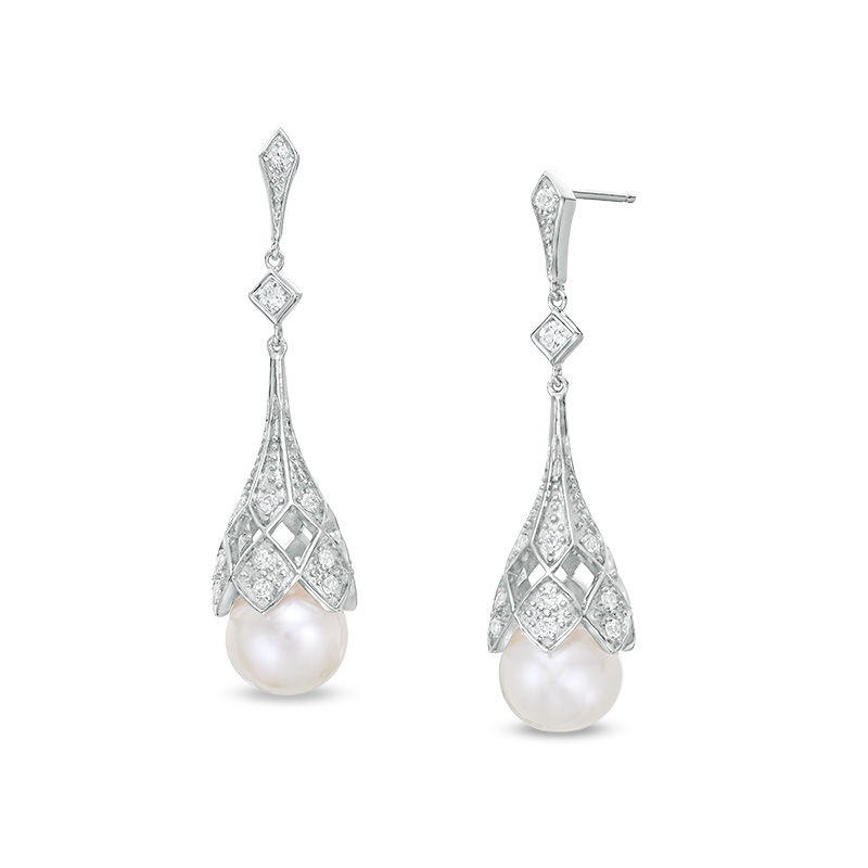 8.0-9.0mm Cultured Freshwater Pearl and Lab-Created White Sapphire Beaded Art Deco Drop Earrings in Sterling Silver