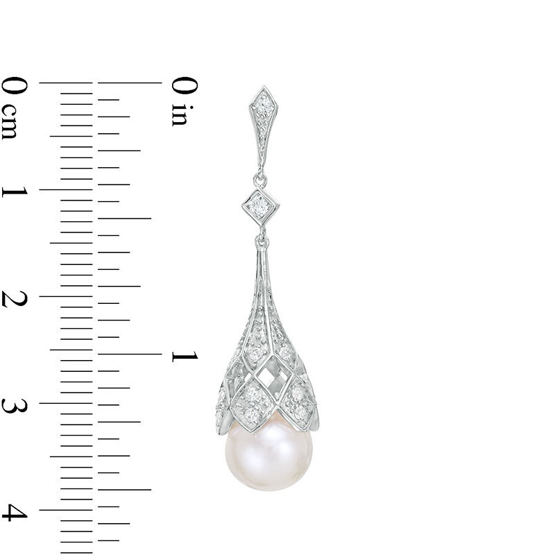 8.0-9.0mm Cultured Freshwater Pearl and Lab-Created White Sapphire Beaded Art Deco Drop Earrings in Sterling Silver