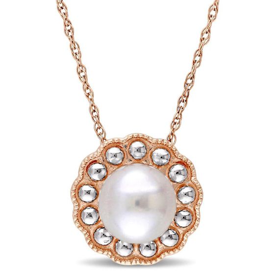 6.5-7.0mm Freshwater Cultured Pearl Flower Vintage-Style Necklace in 10K Gold-17"