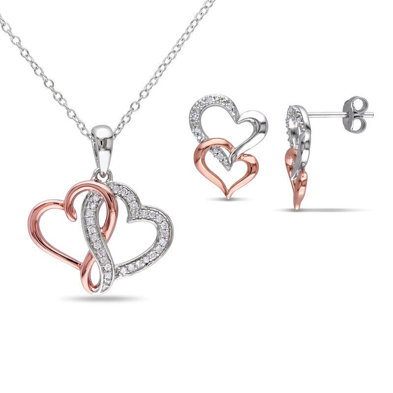 0.19 CT. T.W. Diamond Interlocking Hearts Pendant and Stud Earrings Set in Sterling Silver with Rose Rhodium