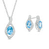 Thumbnail Image 1 of Oval Blue Topaz and Lab-Created White Sapphire Beaded Open Flame Pendant and Drop Earrings Set in Sterling Silver