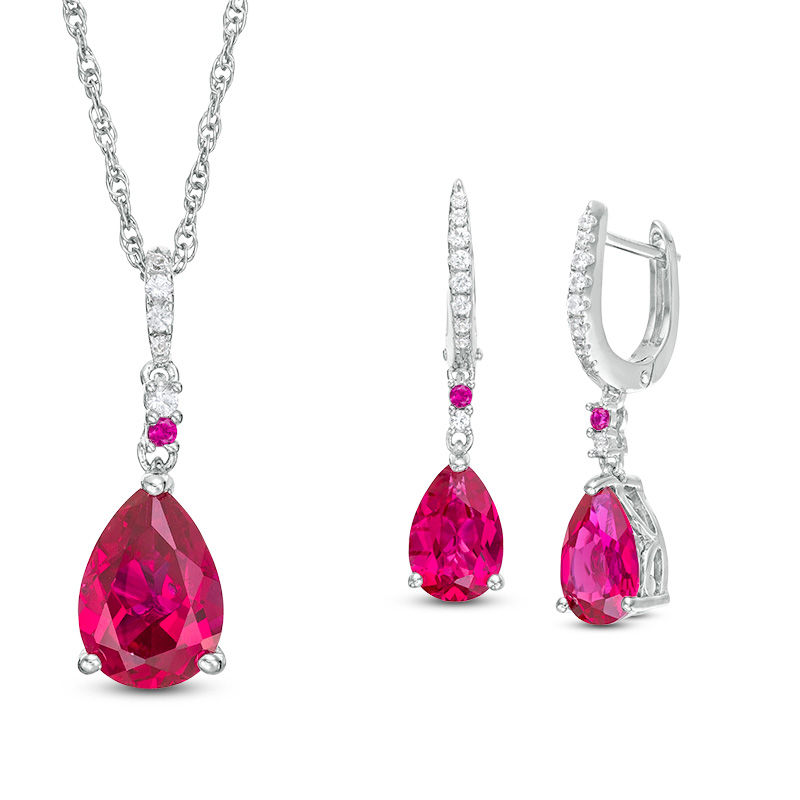 Pear-Shaped Lab-Created Ruby and White Sapphire Pendant and Drop Hoop Earrings Set in Sterling Silver