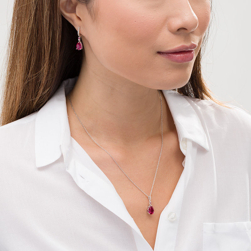 Pear-Shaped Lab-Created Ruby and White Sapphire Pendant and Drop Hoop Earrings Set in Sterling Silver