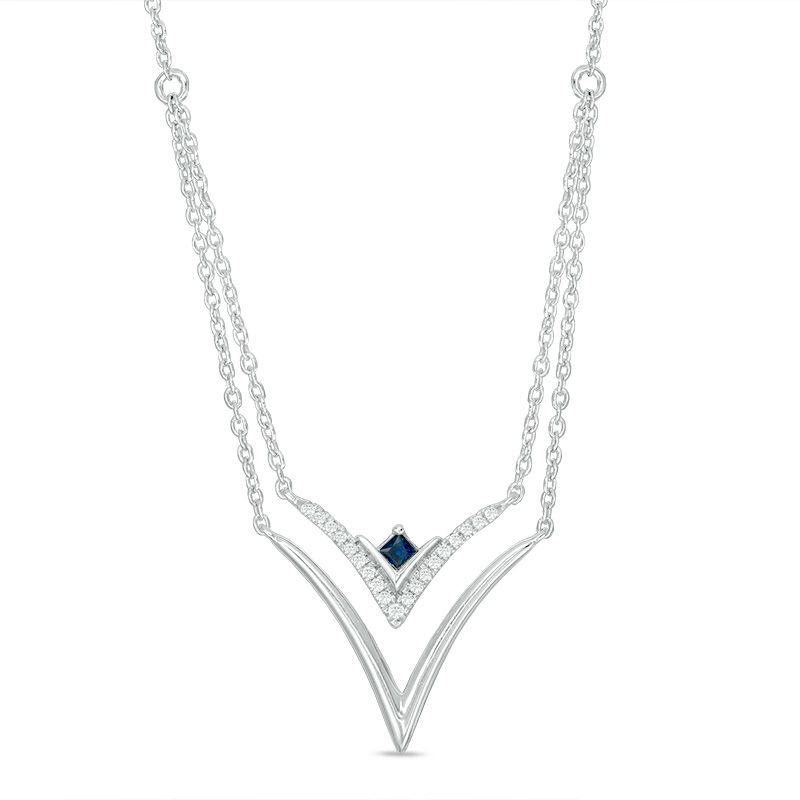 Vera Wang Love Collection Blue Sapphire and 0.07 CT. T.W. Diamond Double Strand Necklace in Sterling Silver - 19"
