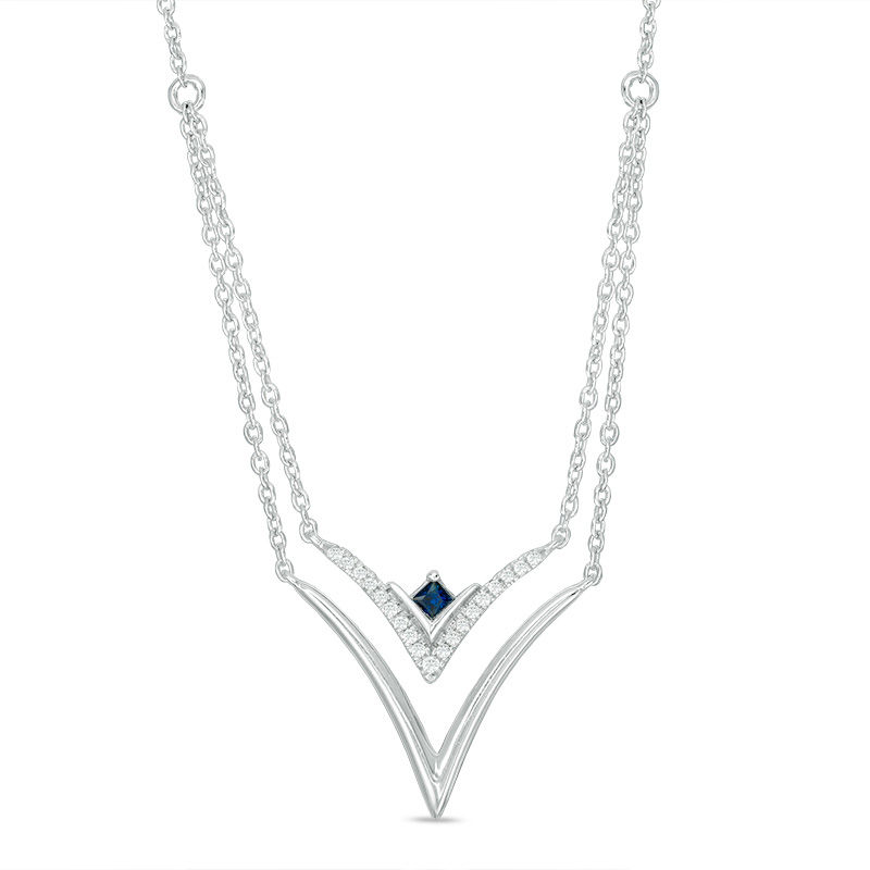 Vera Wang Love Collection Blue Sapphire and 0.07 CT. T.W. Diamond Double Strand Necklace in Sterling Silver - 19"|Peoples Jewellers