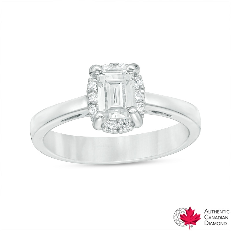 0.85 CT. T.W. Certified Canadian Emerald-Cut Diamond Frame Engagement Ring 14K White Gold (I/SI2)
