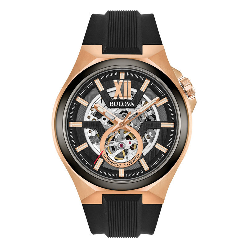 Men's Bulova Maquina Automatic Rose-Tone Strap Watch with Black Skeleton Dial (Model: 98A177)|Peoples Jewellers