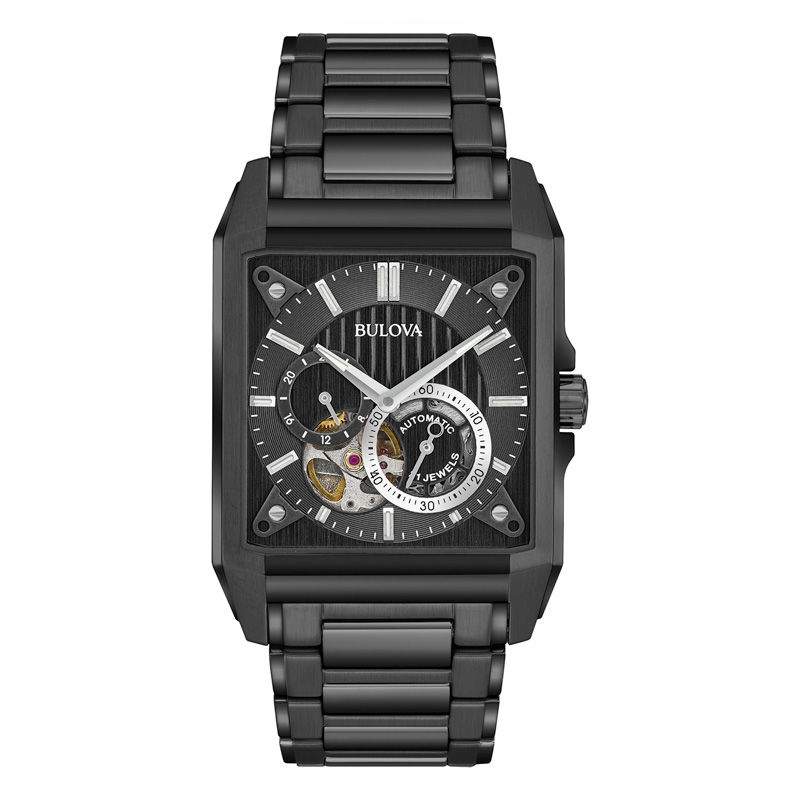 Men's Bulova Automatic Black IP Watch with Black Rectangular Skeleton Dial (Model: 98A180)|Peoples Jewellers