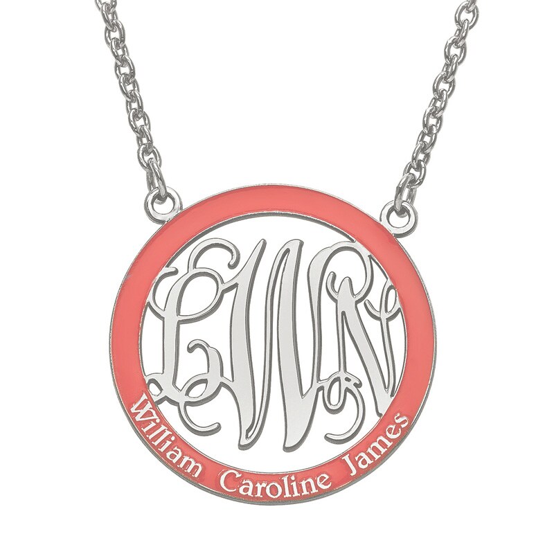 Main Image 1 of Round Enamel Family Scroll Monogram Necklace in Sterling Silver (1 Colour, 3 Initials and 3 Names)