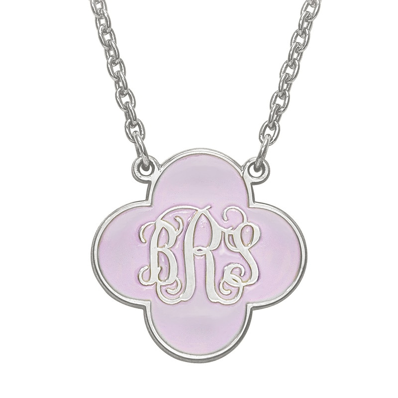 Main Image 1 of Enamel Clover Scroll Monogram Necklace in Sterling Silver (1 colour and 3 Initials)
