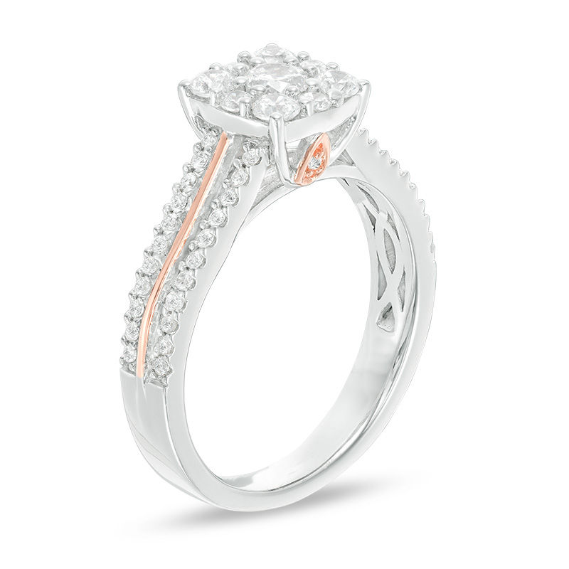 Main Image 2 of 0.70 CT. T.W. Diamond Cushion Frame Double Row Engagement Ring in 14K Two-Tone Gold