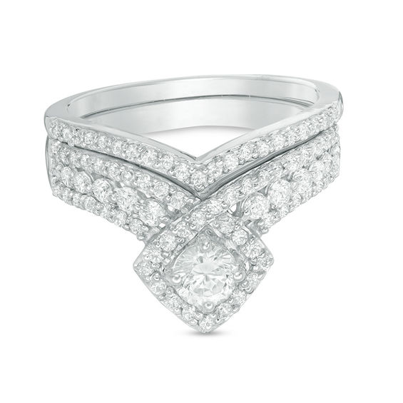 0.95 CT. T.W. Diamond Tilted Cushion Frame Bridal Set in 10K White Gold 0.95 CT. T.W. Diamond Tilted Cushion Frame Bridal Set in 10K White Gold