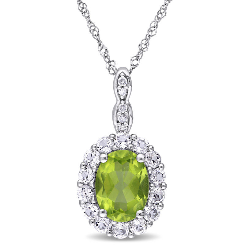 Oval Peridot, White Topaz and Diamond Accent Frame Pendant in 14K White Gold - 17"