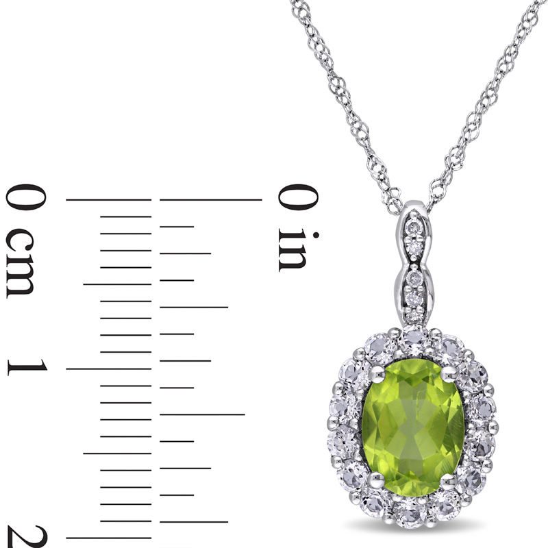 Main Image 2 of Oval Peridot, White Topaz and Diamond Accent Frame Pendant in 14K White Gold - 17"