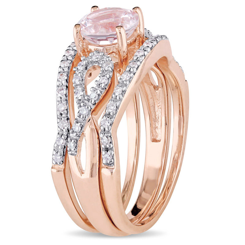 Main Image 2 of 6.0mm Morganite and 0.21 CT. T.W. Diamond Twist Shank Three Piece Bridal Set in 10K Rose Gold