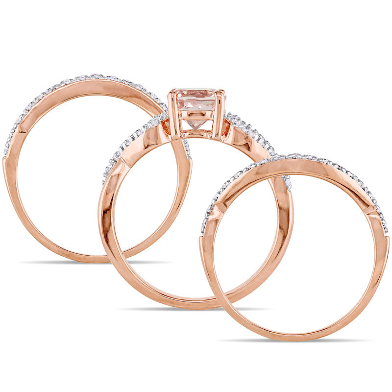Main Image 3 of 6.0mm Morganite and 0.21 CT. T.W. Diamond Twist Shank Three Piece Bridal Set in 10K Rose Gold