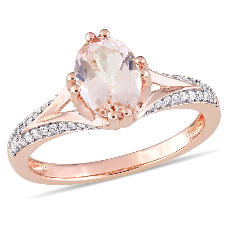 Oval Morganite and 0.19 CT. T.W. Diamond Split Shank Engagement Ring in 14K Rose Gold