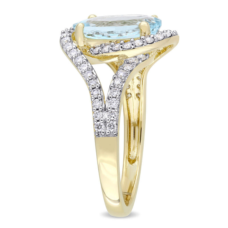 Main Image 2 of Oval Aquamarine and 0.48 CT. T.W. Diamond Bypass Frame Engagement Ring in 14K Gold