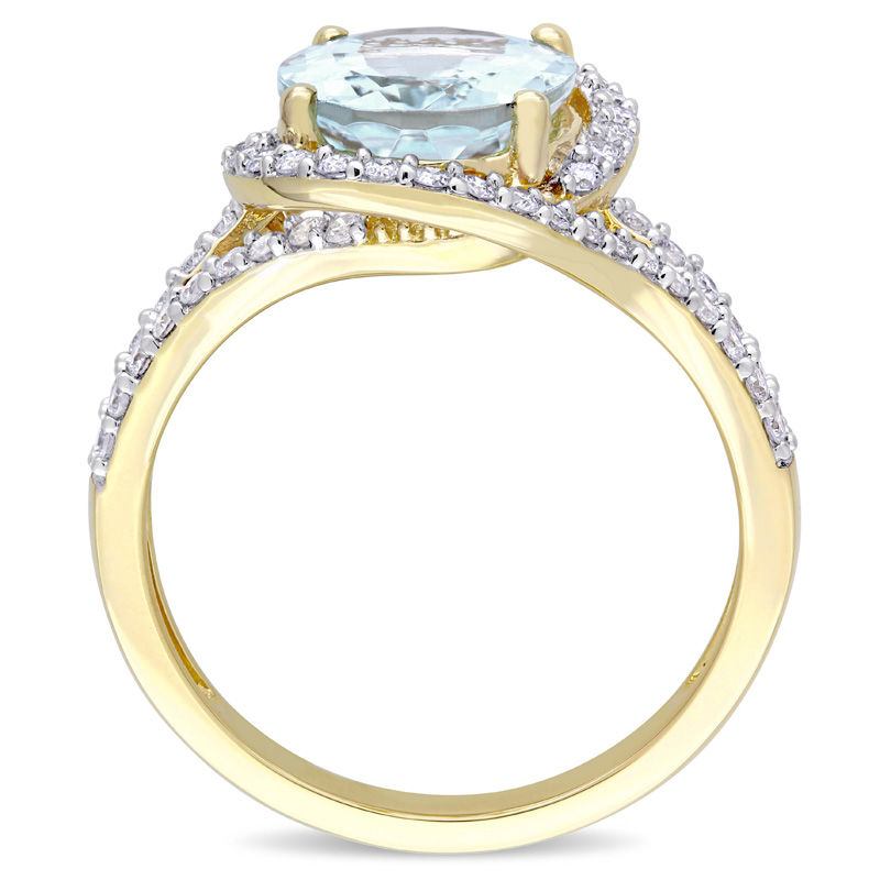 Main Image 3 of Oval Aquamarine and 0.48 CT. T.W. Diamond Bypass Frame Engagement Ring in 14K Gold