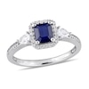 Thumbnail Image 0 of Emerald-Cut Blue and White Sapphire and 0.15 CT. T.W. Diamond Frame Three Stone Engagement Ring in 14K White Gold
