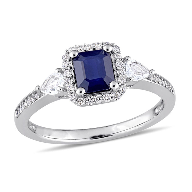 Emerald-Cut Blue and White Sapphire and 0.15 CT. T.W. Diamond Frame Three Stone Engagement Ring in 14K White Gold|Peoples Jewellers