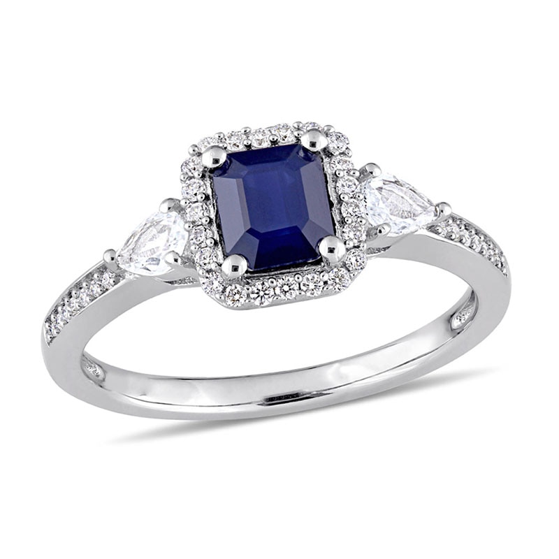 Emerald-Cut Blue and White Sapphire and 0.15 CT. T.W. Diamond Frame Three Stone Engagement Ring in 14K White Gold