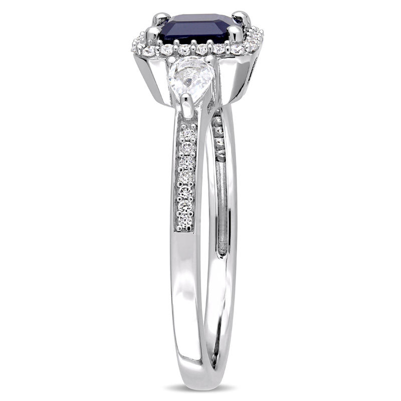 Emerald-Cut Blue and White Sapphire and 0.15 CT. T.W. Diamond Frame Three Stone Engagement Ring in 14K White Gold