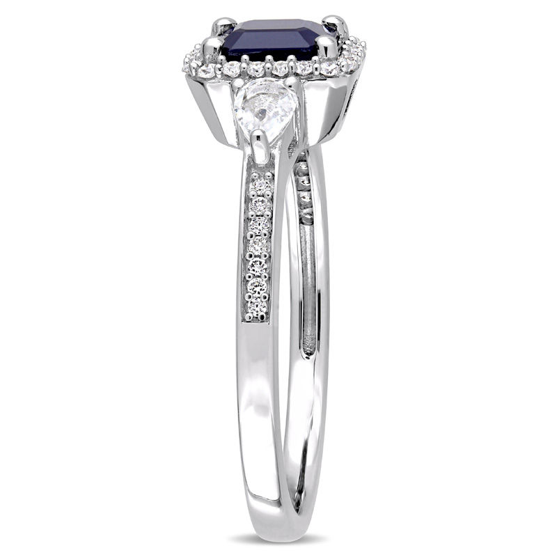 Main Image 2 of Emerald-Cut Blue and White Sapphire and 0.15 CT. T.W. Diamond Frame Three Stone Engagement Ring in 14K White Gold