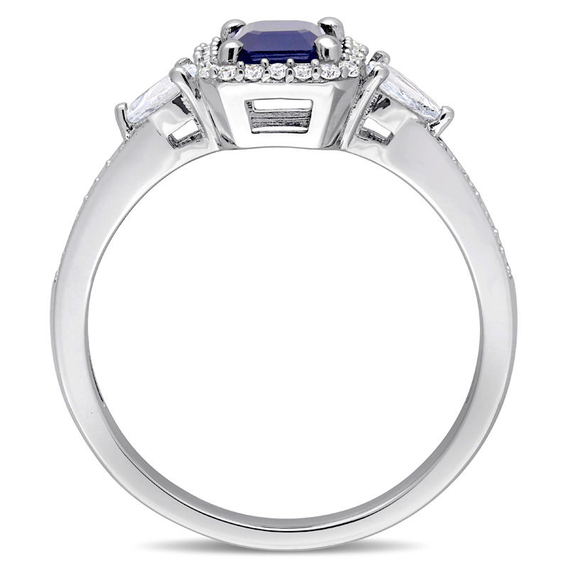 Emerald-Cut Blue and White Sapphire and 0.15 CT. T.W. Diamond Frame Three Stone Engagement Ring in 14K White Gold