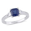 Thumbnail Image 0 of 6.0mm Cushion-Cut Blue and White Sapphire and 0.09 CT. T.W. Diamond Three Stone Engagement Ring in 14K White Gold