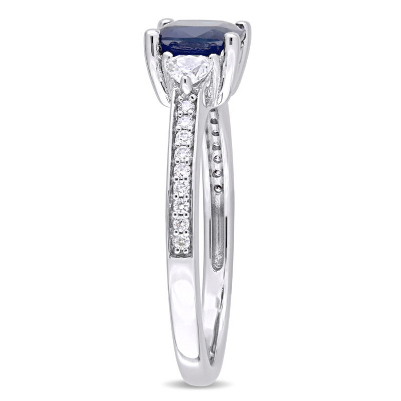 6.0mm Cushion-Cut Blue and White Sapphire and 0.09 CT. T.W. Diamond Three Stone Engagement Ring in 14K White Gold